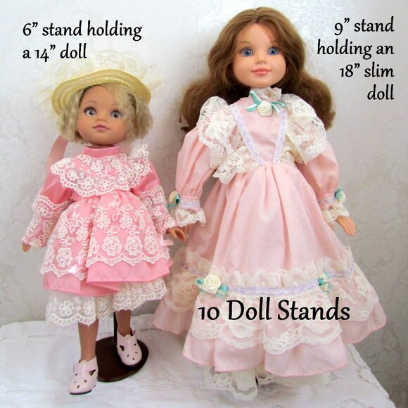 10 DOLL STANDS for DISPLAY, HOLD 14-20" COLLECTOR DOLLS, BROWN BASE, Size 6-9" - Picture 1 of 3